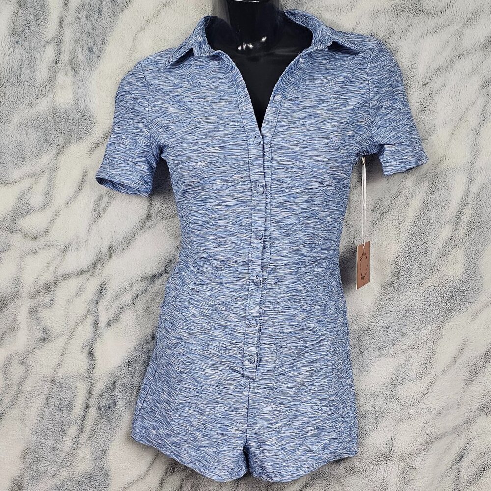 Sexy Sweet Blue Textured Romper Small Stretchy Button Down Bailey Rose